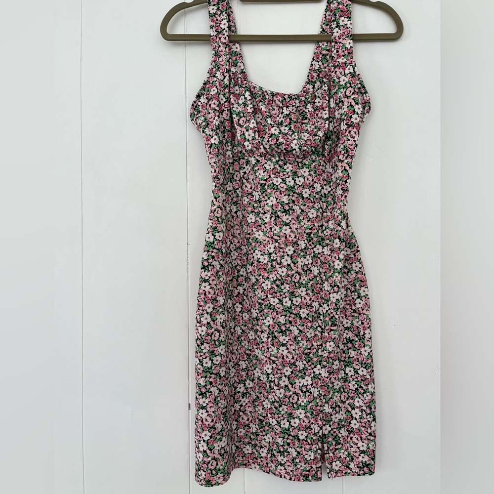 Liz & Sarah Black withPink White Flowers Scoop Neck Bodycon Mini Dress Medium